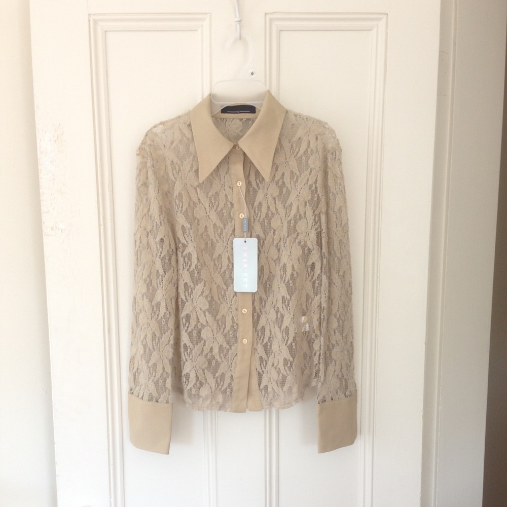 Sheer Lace Button Down Shirt Elegant Work/Evening